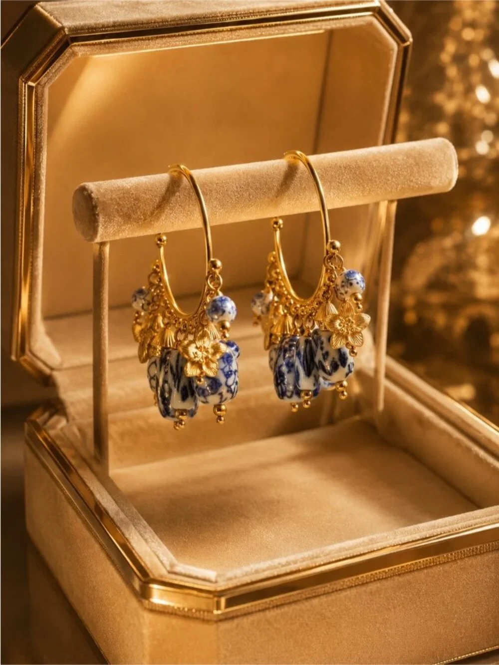 Gold Hoop Earrings with Blue and White Beads and Floral Charms